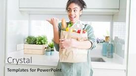  Presentation with paper bag - Presentation featuring young african american girl holding paper bag of groceries from supermarket pointing and showing with thumb up to the side with happy face smiling background and a soft green colored foreground