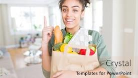  Presentation with african american teenager girl - Cool new presentation theme with young african american girl holding paper bag of groceries from supermarket surprised with an idea or question pointing finger with happy face number one backdrop and a lemonade colored foreground