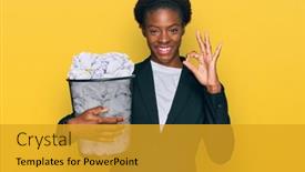  Presentation with bin - PPT theme having young-african-american-girl-holding background and a gold colored foreground