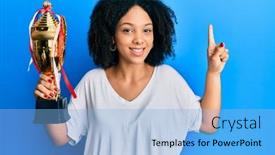  Presentation with trophy - Presentation theme having young-african-american-girl-holding background and a light blue colored foreground