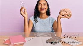  Presentation with bulb brain - PPT theme consisting of young-african-american-girl-holding background and a coral colored foreground