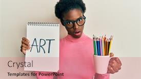  Presentation with colored pencils - PPT theme having young-african-american-girl-holding background and a coral colored foreground
