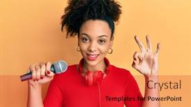  Presentation with friendly - Amazing PPT theme having young-african-american-girl-singing backdrop and a red colored foreground