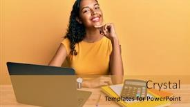  Presentation with calculator - Slide deck having young-african-american-girl-working background and a gold colored foreground