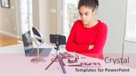  Presentation with influencer - Slide deck with young african american influencer woman recording make up tutorial skeptic and nervous disapproving expression on face with crossed arms negative person background and a coral colored foreground