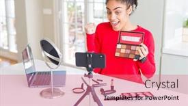  Presentation with influencer - PPT layouts enhanced with young african american influencer woman background and a coral colored foreground