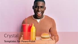  Presentation with soda - Beautiful PPT theme featuring young-african-american-man-eating backdrop and a coral colored foreground