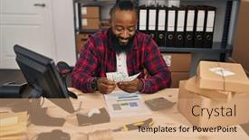  Presentation with counting - Presentation design having young-african-american-man-ecommerce background and a coral colored foreground