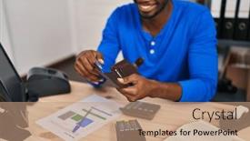  Presentation with business card - PPT theme with young-african-american-man-ecommerce background and a coral colored foreground