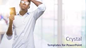  Presentation with african america - Beautiful PPT theme featuring young african american man holding passport of united states of america stressed with hand on head shocked with shame and surprise face angry and frustrated fear and upset for mistake backdrop and a sky blue colored foreground