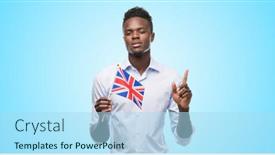  Presentation with united kingdom - Cool new slides with young african american man holding united kingdom flag surprised with an idea or question pointing finger with happy face number one backdrop and a light blue colored foreground