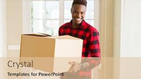 Presentation with box carton - Amazing theme having young african american man holding a carton box packing cardboard delivery package at home backdrop and a lemonade colored foreground