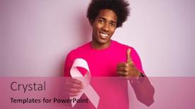  Presentation with cancer - Audience pleasing slide set consisting of young african american man holding cancer ribbon standing over isolated pink background happy with big smile doing ok sign thumb up with fingers excellent sign backdrop and a coral colored foreground