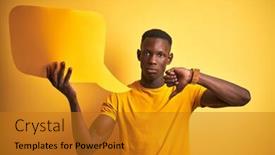  Presentation with negative - PPT layouts with young-african-american-man-holding background and a gold colored foreground