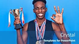  Presentation with champion - Amazing PPT layouts having young-african-american-man-holding backdrop and a ocean colored foreground
