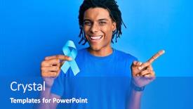  Presentation with blue ribbon - Presentation design consisting of young-african-american-man-holding background and a teal colored foreground