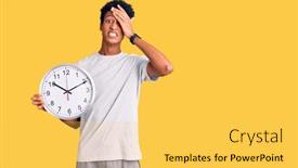  Presentation with clock face - PPT layouts with young-african-american-man-holding background and a yellow colored foreground