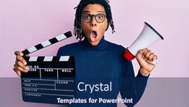  Presentation with clapboard - Presentation theme enhanced with young-african-american-man-holding background and a navy blue colored foreground