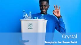  Presentation with plastic recycling - Colorful presentation design enhanced with young-african-american-man-holding backdrop and a teal colored foreground
