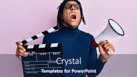  Presentation with clapboard - Amazing PPT theme having young-african-american-man-holding backdrop and a navy blue colored foreground