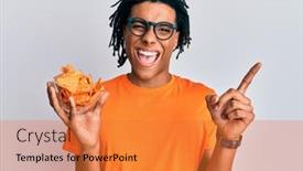  Presentation with potato chips - Beautiful presentation theme featuring young-african-american-man-holding backdrop and a gold colored foreground