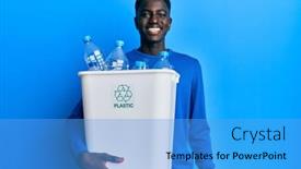  Presentation with plastic recycling - Beautiful presentation theme featuring young-african-american-man-holding backdrop and a teal colored foreground