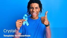  Presentation with blue ribbon - Audience pleasing slide deck consisting of young-african-american-man-holding backdrop and a cobalt blue colored foreground