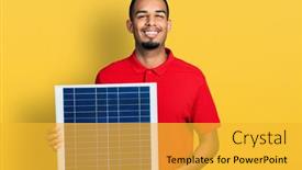  Presentation with photovoltaic - Colorful presentation theme enhanced with young-african-american-man-holding backdrop and a yellow colored foreground