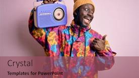  Presentation with portable radio - Presentation theme enhanced with young-african-american-man-listening background and a violet colored foreground