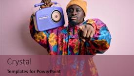  Presentation with portable radio - Presentation theme with young-african-american-man-listening background and a violet colored foreground