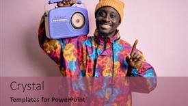  Presentation with retro radio - PPT layouts featuring young-african-american-man-listening background and a violet colored foreground