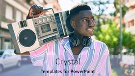  Presentation with boom box - Beautiful theme featuring young-african-american-man-listening backdrop and a light blue colored foreground