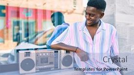  Presentation with boom box - Presentation design with young-african-american-man-listening background and a light blue colored foreground