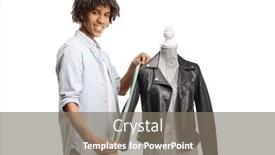  Presentation with measuring - PPT theme enhanced with young-african-american-man-measuring background and a gray colored foreground