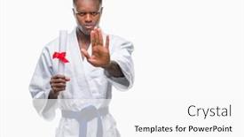  Presentation with kimono - Cool new presentation theme with young african american man over isolated background wearing kimono holding degree with open hand doing stop sign with serious and confident expression defense gesture backdrop and a white colored foreground