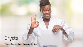  Presentation with kimono - Slide deck with young african american man over isolated background wearing kimono holding paper doing ok sign with fingers excellent symbol background and a lemonade colored foreground
