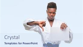  Presentation with kimono - Slide deck consisting of young african american man over isolated background wearing kimono holding paper with angry face negative sign showing dislike with thumbs down rejection concept background and a sky blue colored foreground