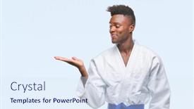  Presentation with kimono - Amazing PPT theme having young african american man over isolated background wearing kimono smiling cheerful presenting and pointing with palm of hand looking at the camera backdrop and a sky blue colored foreground