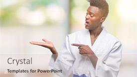  Presentation with kimono - Cool new presentation with young african american man over isolated background wearing kimono amazed and smiling to the camera while presenting with hand and pointing with finger backdrop and a lemonade colored foreground