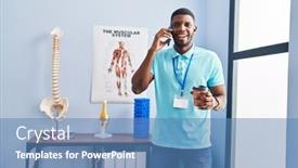  Presentation with rehab clinic - Presentation design having young-african-american-man-physiotherapist background and a teal colored foreground