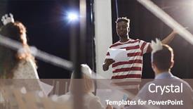  Presentation with knitting african american - Audience pleasing presentation design consisting of young african-american man reading backdrop and a gray colored foreground