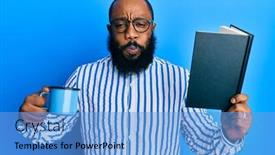  Presentation with coffee-book - Cool new slide deck with young-african-american-man-reading backdrop and a light blue colored foreground