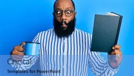  Presentation with coffee book - Amazing PPT theme having young-african-american-man-reading backdrop and a light blue colored foreground