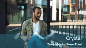  Presentation with bus stop - Presentation consisting of young-african-american-man-sits background and a ocean colored foreground