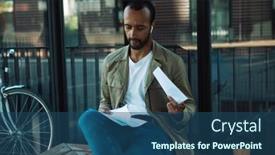  Presentation with bus stop - Theme with young-african-american-man-sits background and a ocean colored foreground