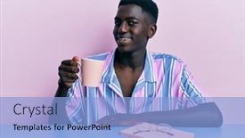  Presentation with standing sitting - Slide deck with young-african-american-man-sitting background and a light blue colored foreground