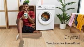  Presentation with hand washing - PPT theme featuring young-african-american-man-using background and a coral colored foreground