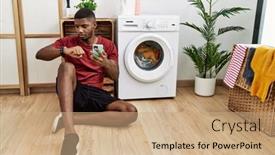  Presentation with time machine - PPT layouts consisting of young-african-american-man-using background and a coral colored foreground