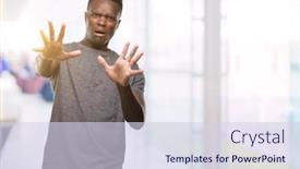  Presentation with panic - Theme with young african american man wearing grey t-shirt afraid and terrified with fear expression stop gesture with hands shouting in shock panic concept background and a sky blue colored foreground