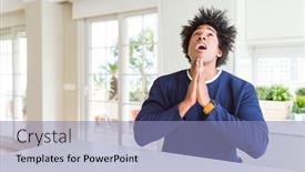 Presentation with african american religion - Cool new slide deck with young african american man wearing casual sweater sitting at home begging and praying with hands together with hope expression on face very emotional and worried asking for forgiveness religion backdrop and a light blue colored foreground